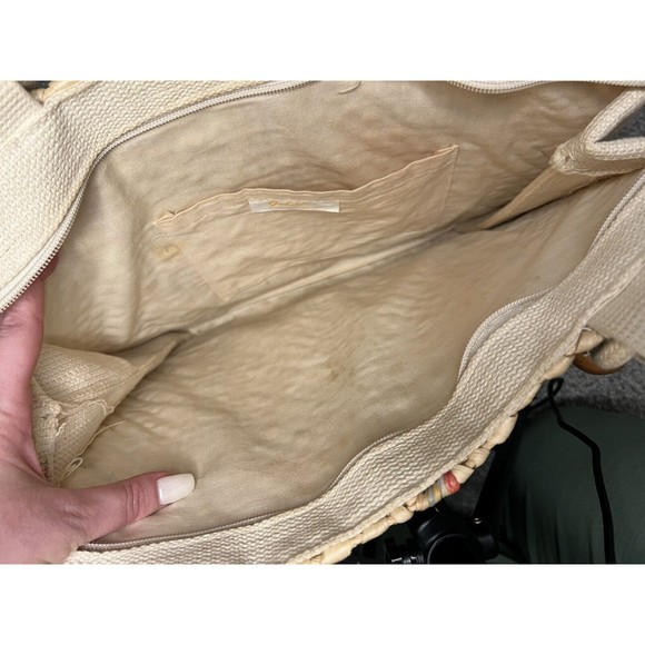 VTG Medium Size Beige Woven Straw Wood Bead Braided Rope Handle Tote Handbag - Picture 8 of 9
